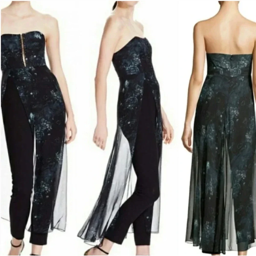 Haute Hippie Black Cocktail Jumpsuit Size 8 Silk Chiffon Bustier Designer Y2K - Picture 2 of 8